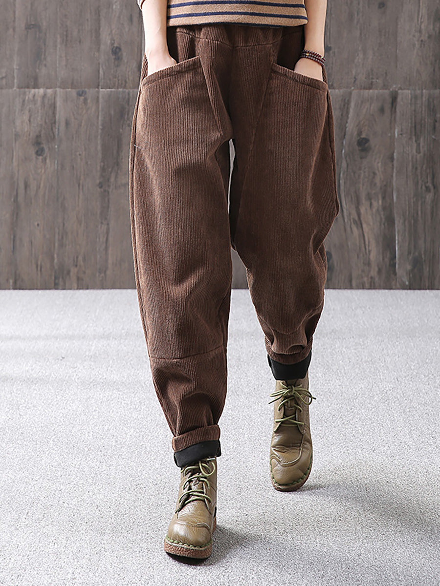 Plus Size Winter Warm Solid Color Corduroy Pants