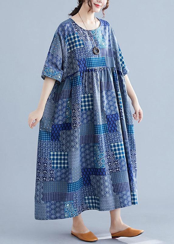 Italian navy plaid linen cotton clothes For Women o neck Cinched cotton Dress