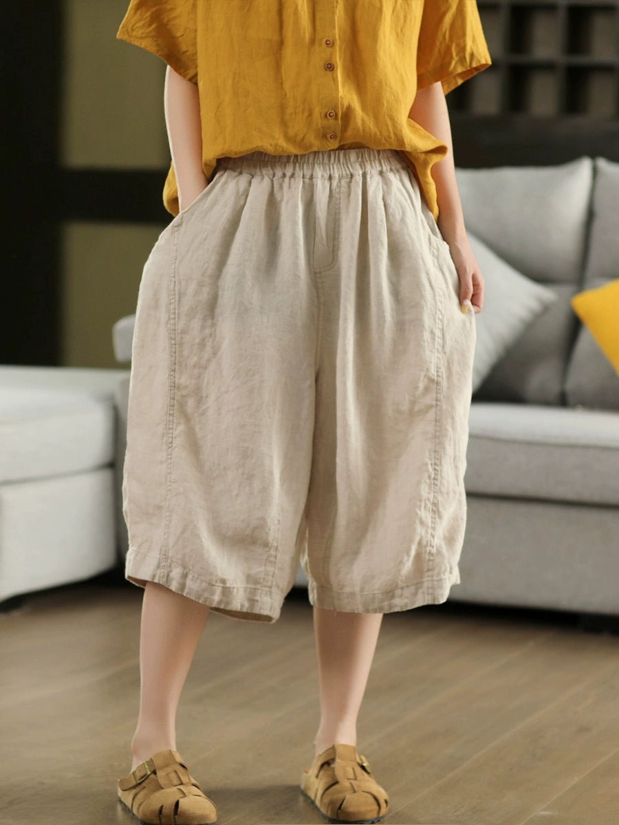 Women Summer Vintage 100%Linen Wide-leg Cropped Pants