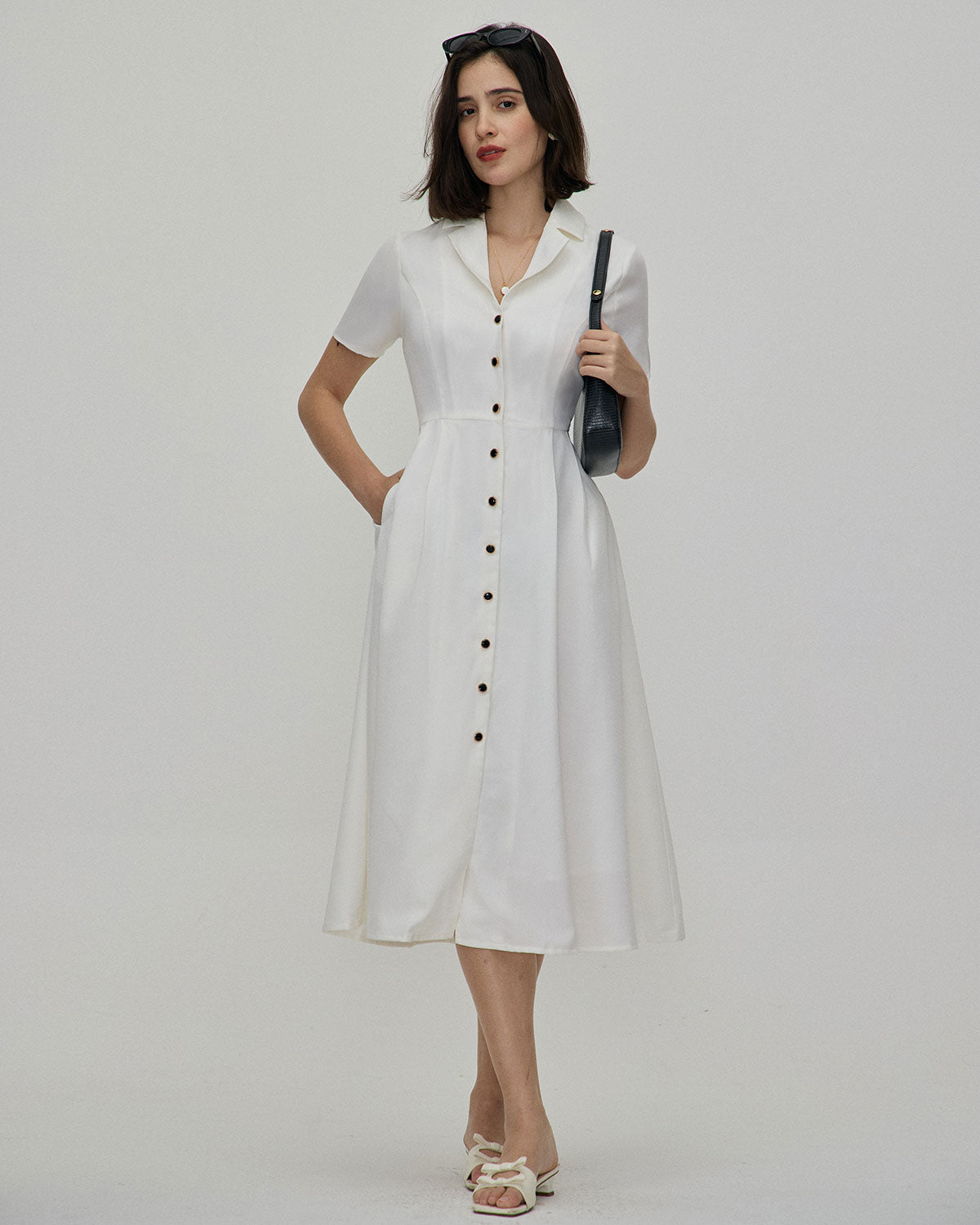 The White Lapel Short Sleeve Button-up Midi Dress
