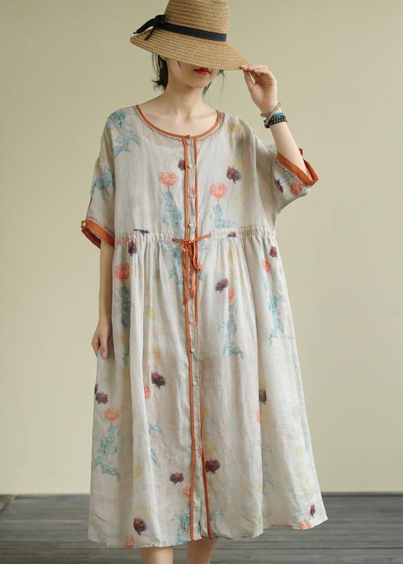 Diy Floral Chiffon Long Shirts O Neck Drawstring Robe Summer Dresses