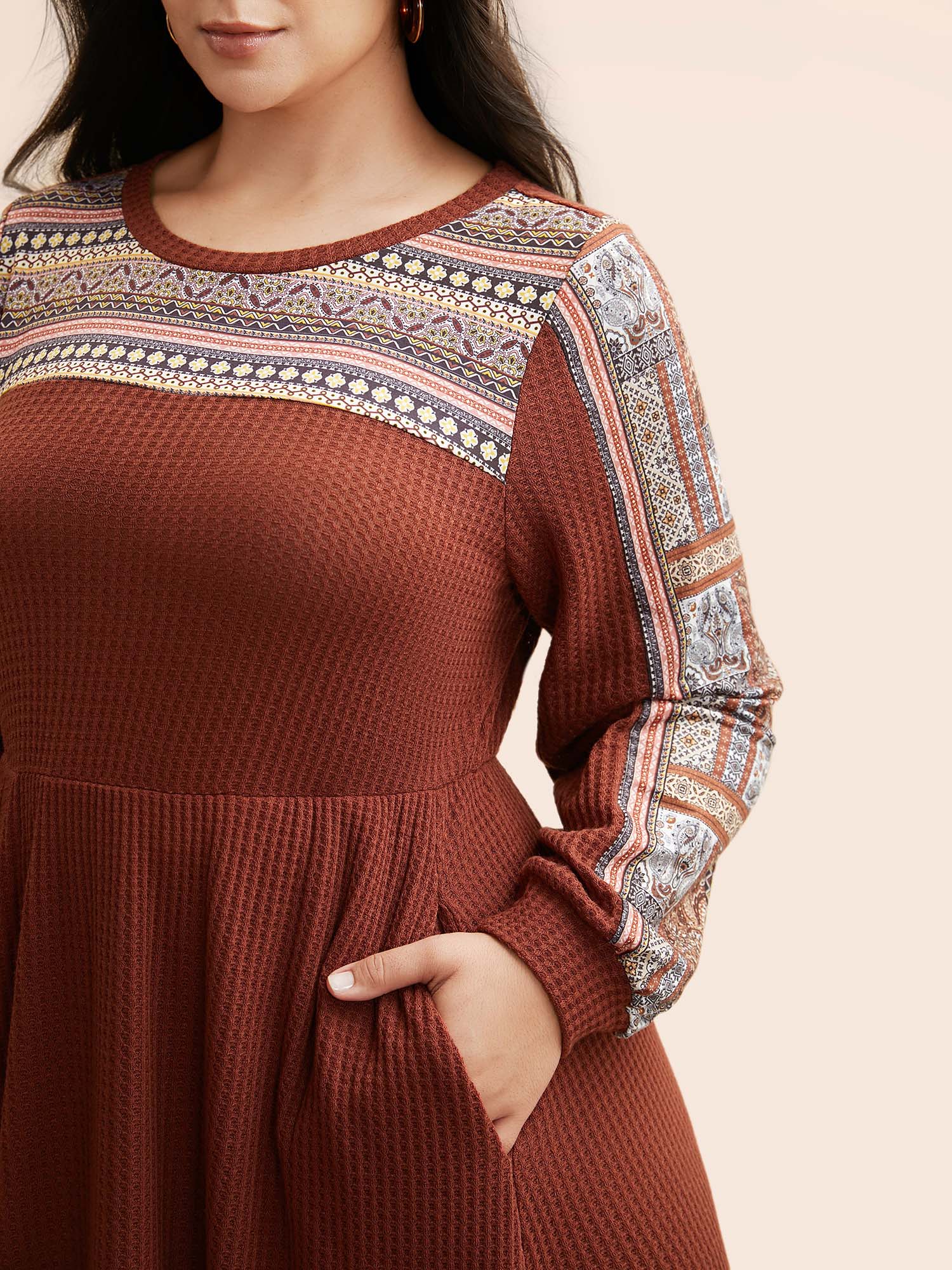 Bandana Patchwork Waffle Knit Midi Dress