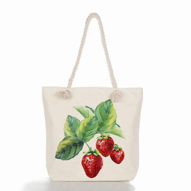 Women's Cotton And Linen Fruit Strawberry Cute Square Zipper Tote Bag