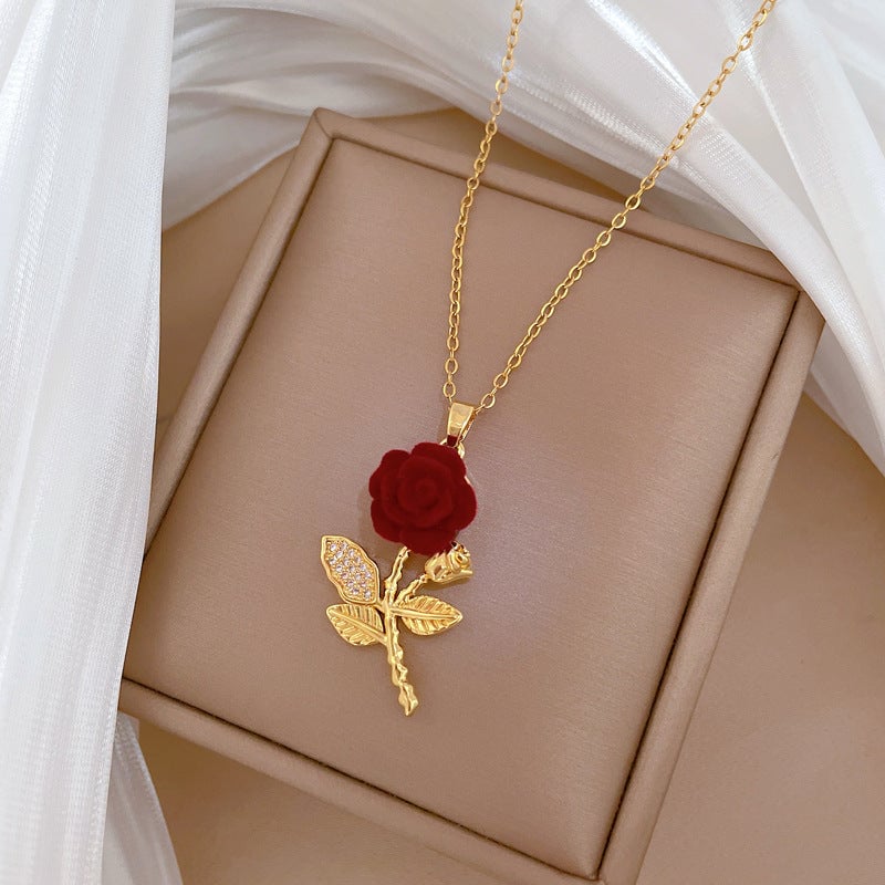 Rose Full Diamond Gorgeous Full Diamond Necklace Women'S Versatile Clavicle Chain Titanium Steel Chain