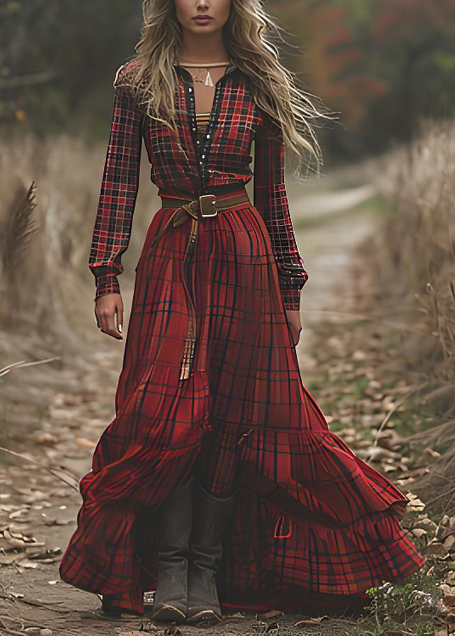 Vintage Red V Neck Plaid Patchwork Cotton Ankle Dress Spring