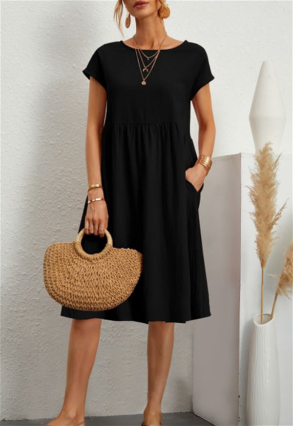 Solid Color Short Sleeve Loose Cotton Linen Pocket Midi Dress