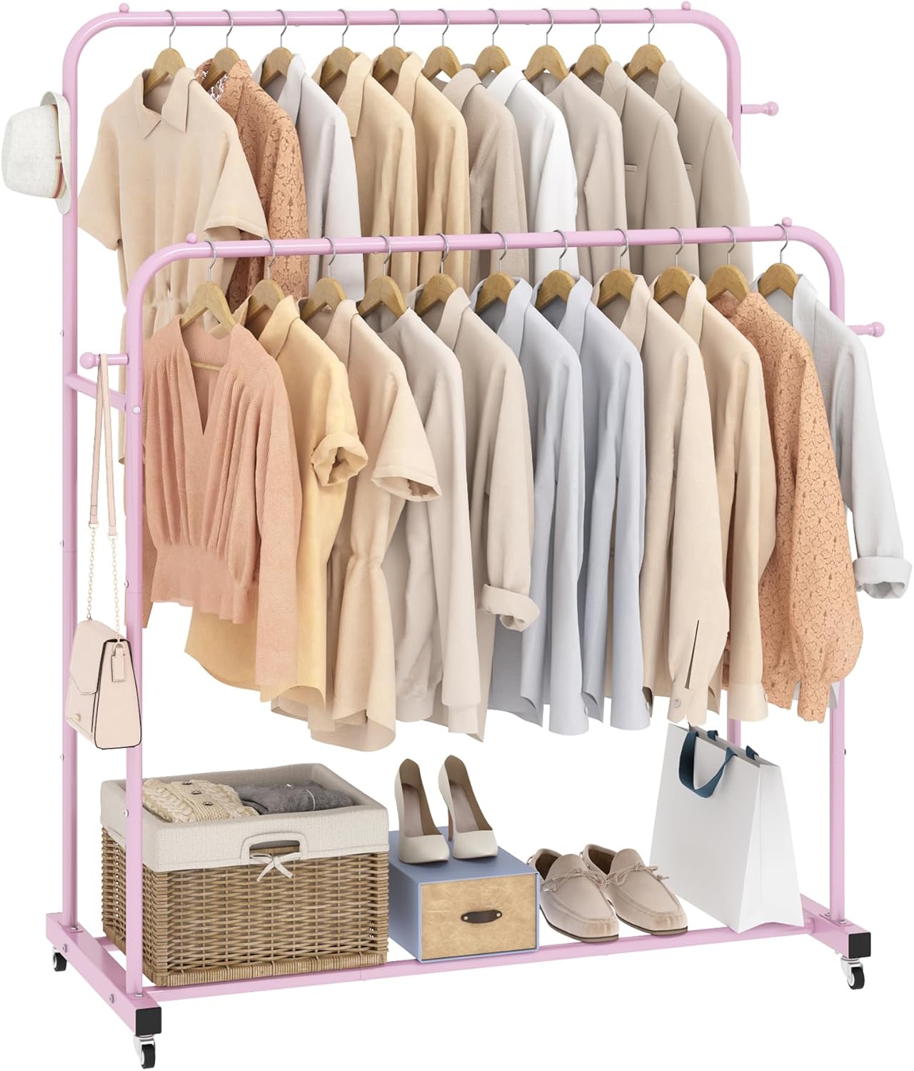 Laiensia Double Rods Garment Rack with Wheels, Clothing Rack for Hanging Clothes,4 Hooks, Multi-functional Bedroom Clothes Rack, Black