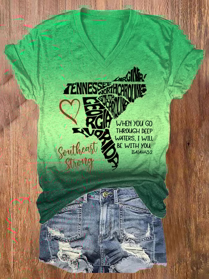 V-Neck Retro Gradient Southeast Strong When You Go Through Deep Waters. I Will Be With You Isaiah 43:2 Tennessee Georgia. South Carolina. North Carolina. . Virginia. Florida Print T-Shirt