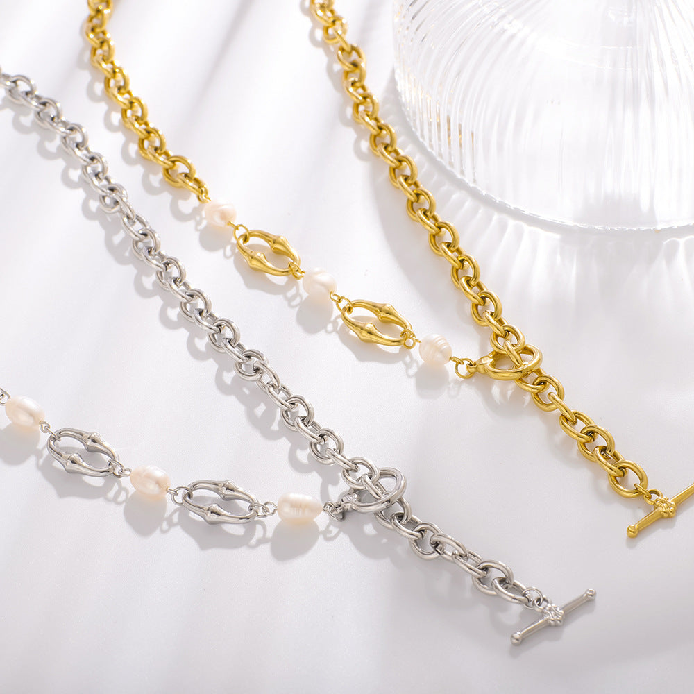 Trendy And Popular Chain Necklace Bracelet Set Stainless Steel Natural Pearl Ot Buckle