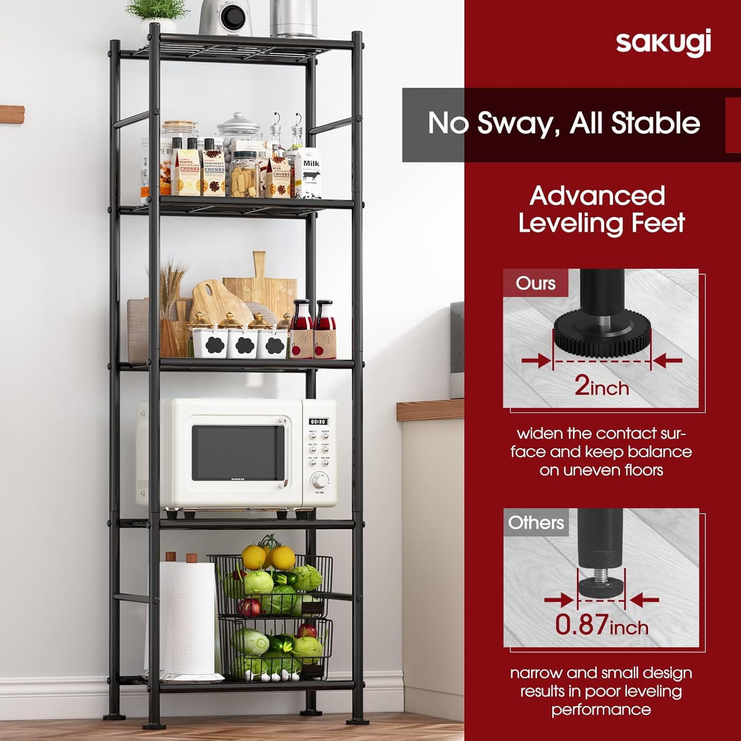 Storage Shelves - 5 Tier Shelf Organizer, Heavy Duty Garage Shelving Unit with Leveling Feet, Stable Metal Shelves Organizer for Pantry, Kitchen and Closet, 33.0