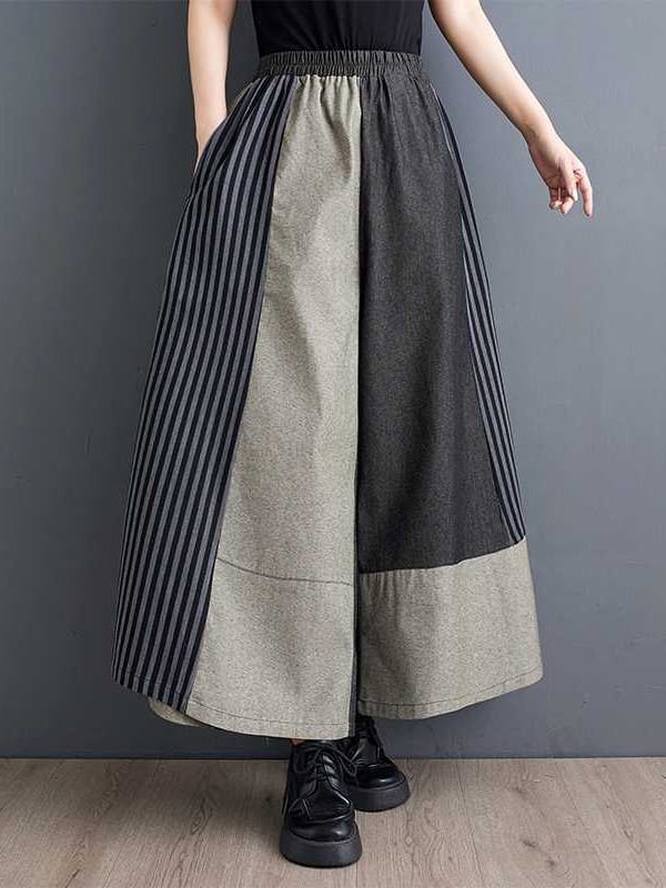 High Waisted Loose Elasticity Pockets Split-Joint Striped Pants Trousers