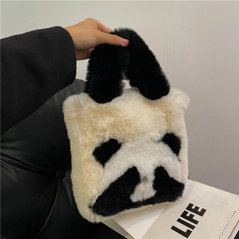 Women's Plush Animal Color Block Cute Streetwear Square Zipper Shoulder Bag Crossbody Bag