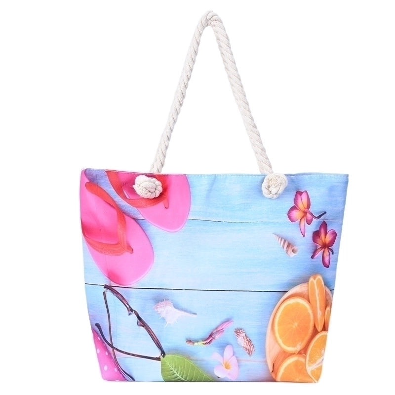 Women's Large Canvas Color Block Vacation Beach Square Zipper Shoulder Bag Tote Bag