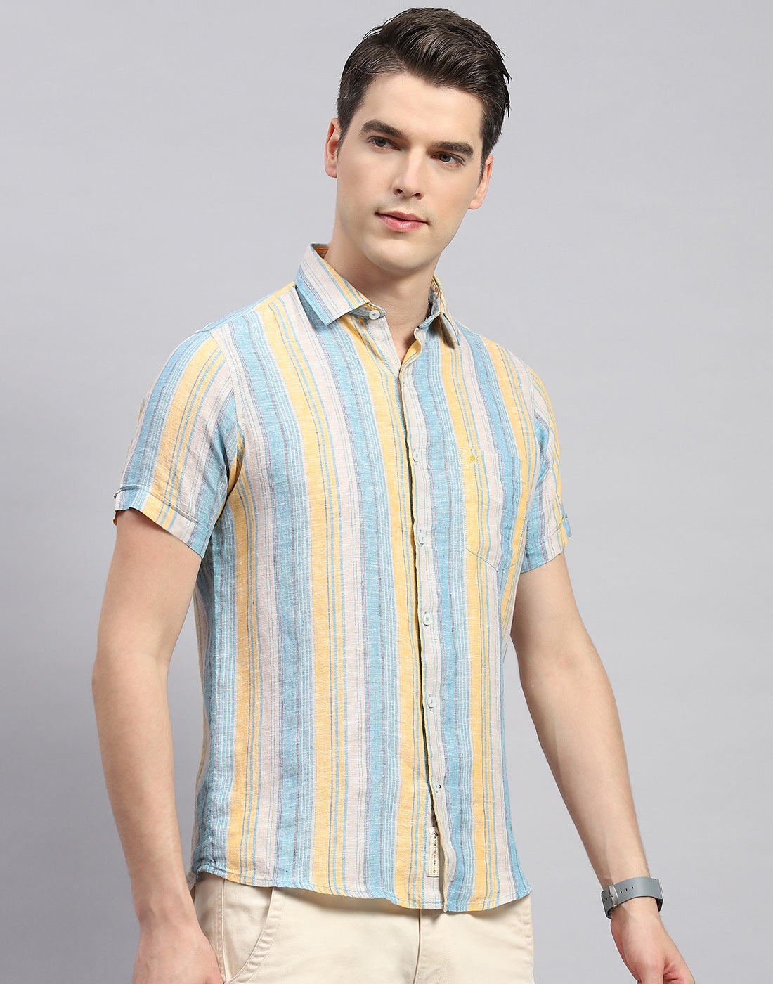 Men Multicolor Stripe Collar Neck Half Sleeve Shirt