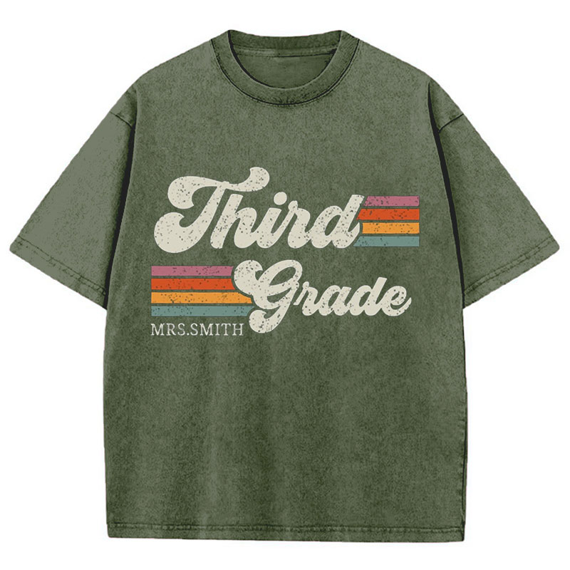 Personalized Grade And Name Retro Horizontal Stripes Teacher Washed T-Shirt