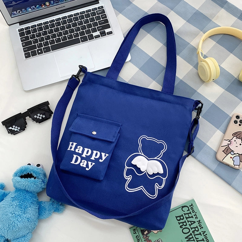Women's Large Canvas Letter Little Bear Classic Style Zipper Canvas Bag