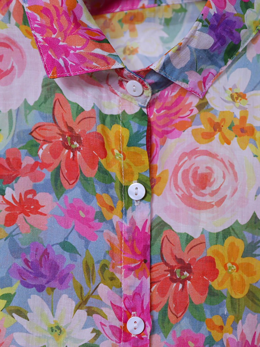Women Summer Artsy Flower Turn-down Collar 100%Linen Shirt