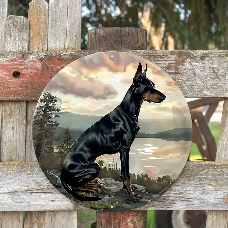 2D Flat Print Pet Dog Wreath Sign. Round Aluminum Decor for Wall. Home. Apartment. Perfect for Holiday Gift Giving