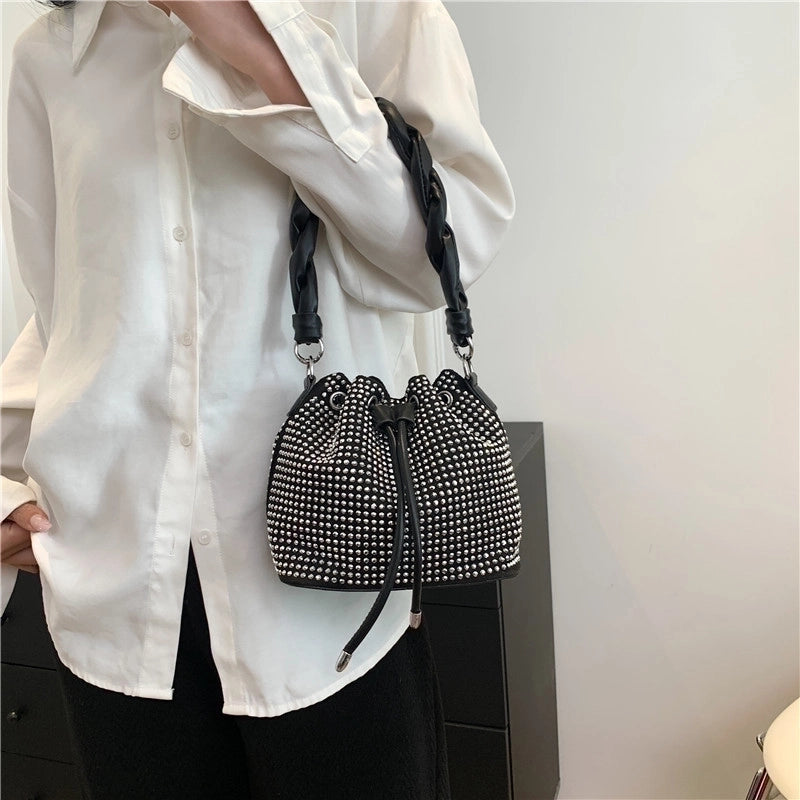 Women's Medium Pu Leather Solid Color Streetwear Rhinestone String Bucket Bag