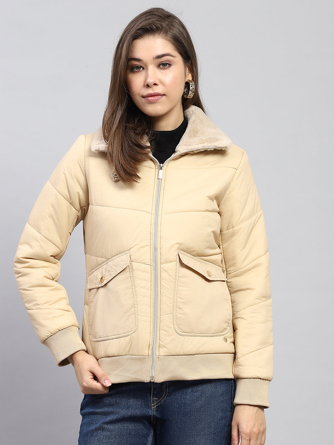 Women Beige Self Design Collar Full Sleeve Jacket