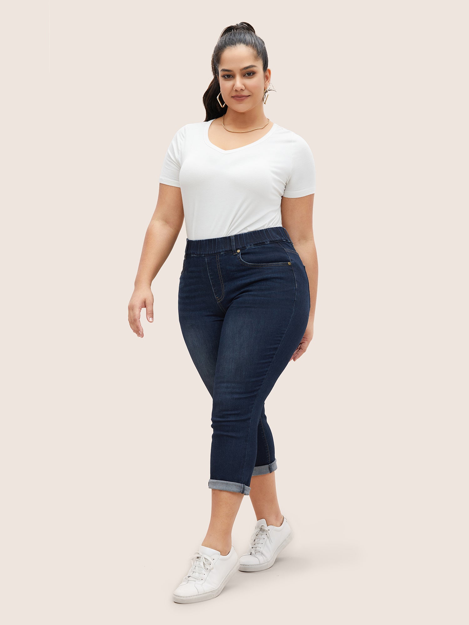 Dark Wash Elastic Waist Roll Hem Jeans