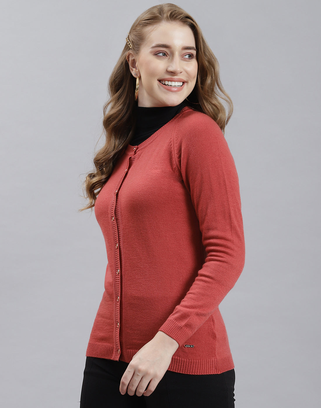 Women Rust Solid Round Neck Full Sleeve Cardigan