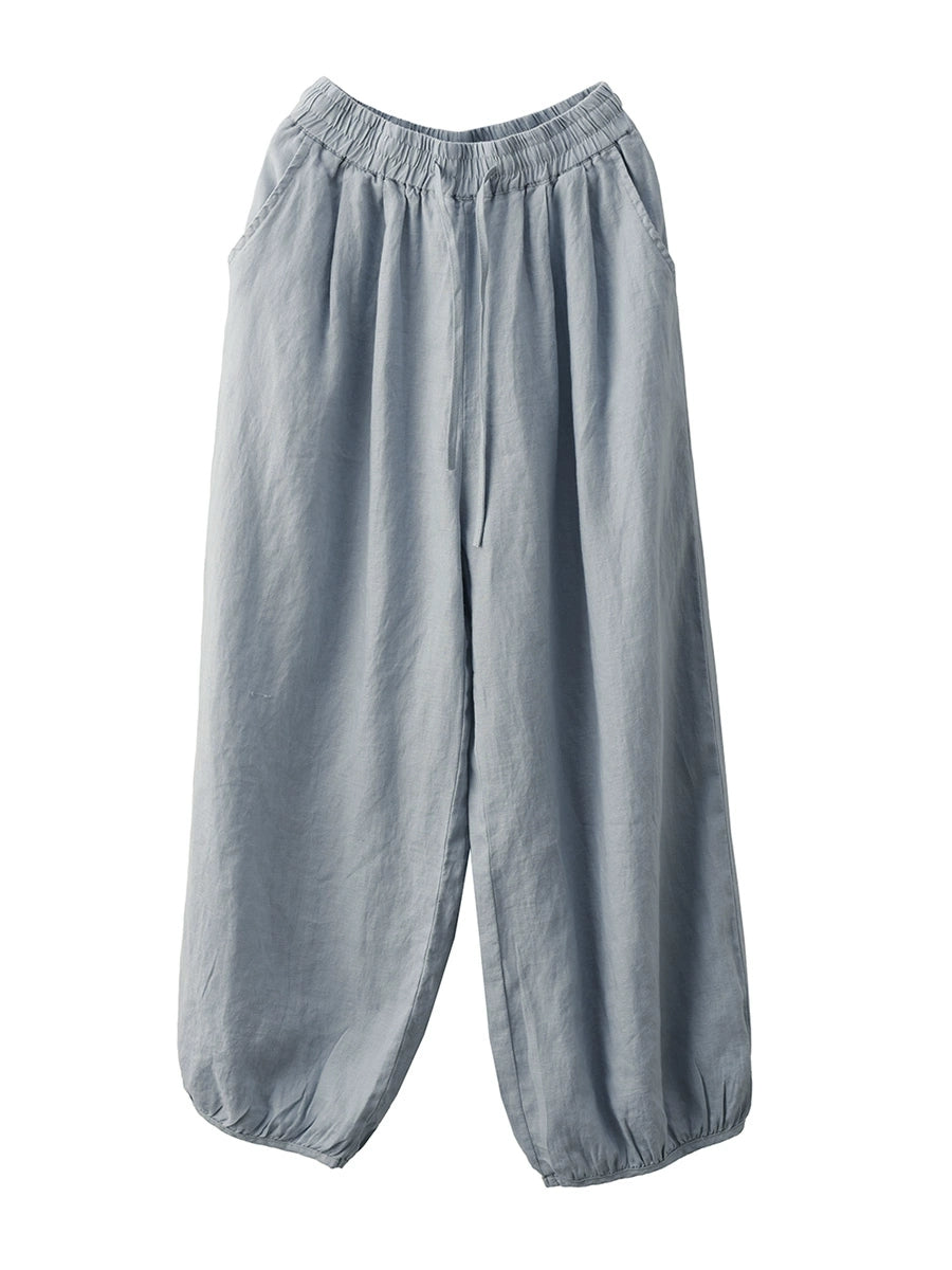 Women Casual Pure Color 100%Linen Bloomers