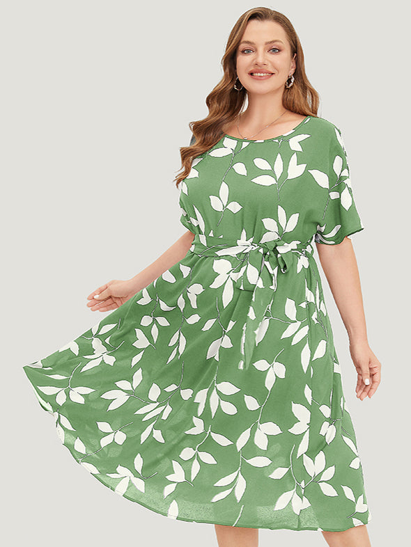 Leaf Print Pocket Belted Dress