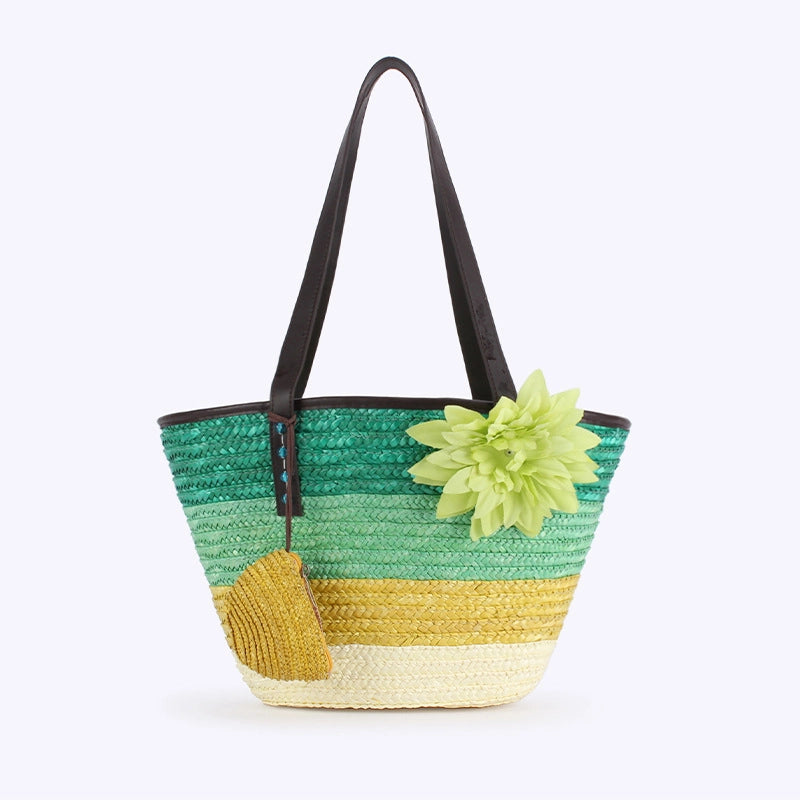 Women's Large Straw Color Block Vacation Beach Weave Bucket Zipper Beach Bag