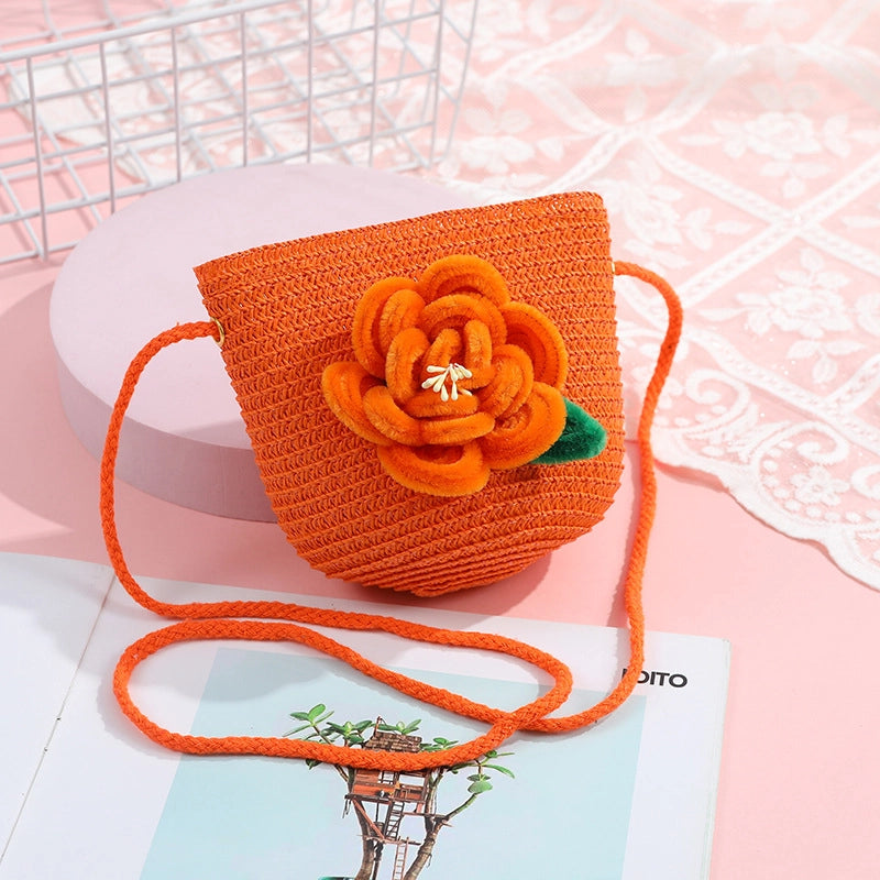 Women's Small Straw Solid Color Flower Vacation Beach Weave Round Zipper Straw Bag
