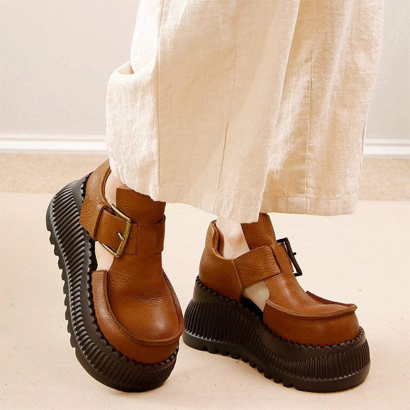 75mm Platform T-Straps Sandals Cowhide Mary Jane Shoes in Black/Light Brown