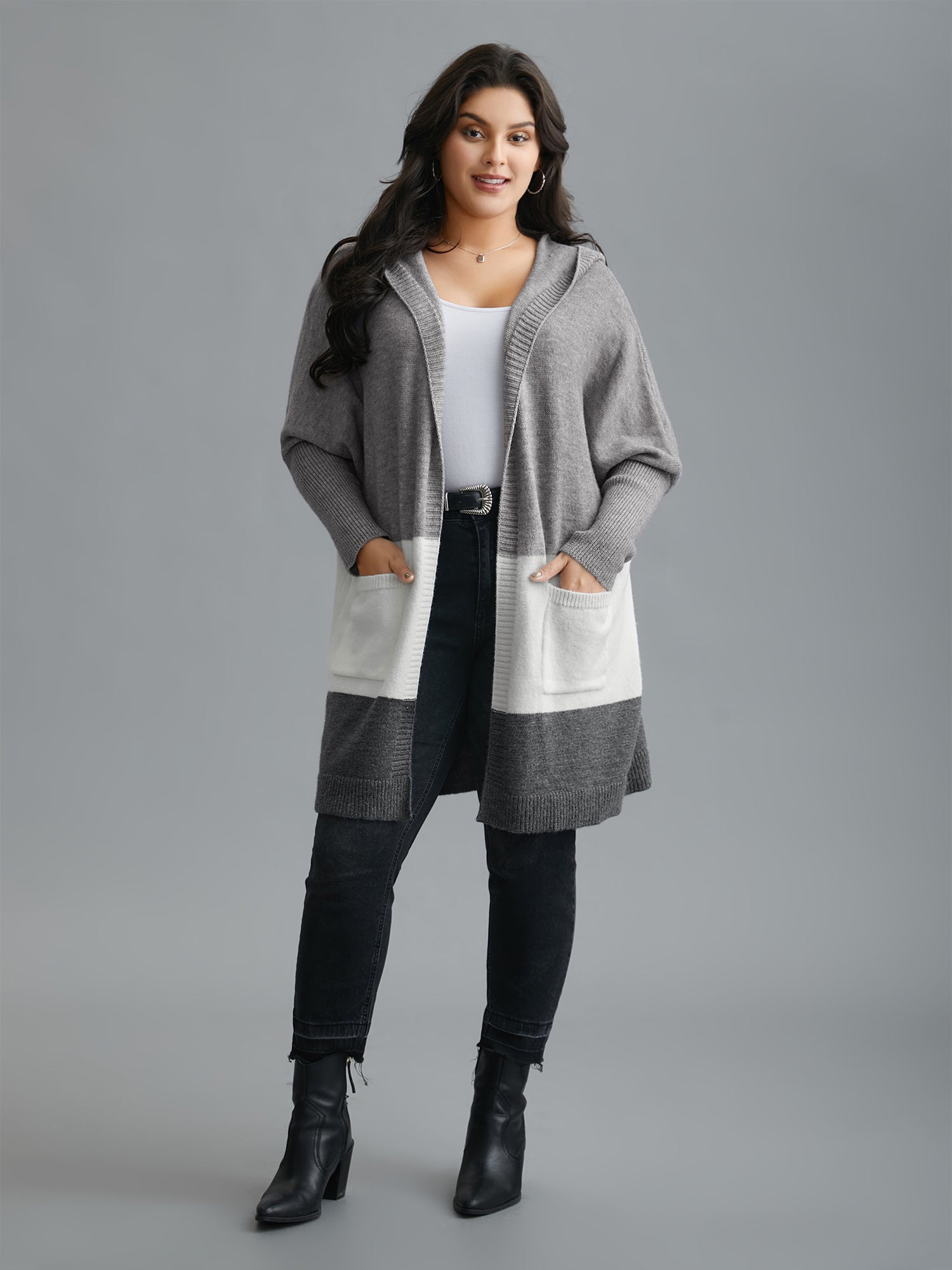 Color Block Dolman Sleeves Hooded Knit Cardigan