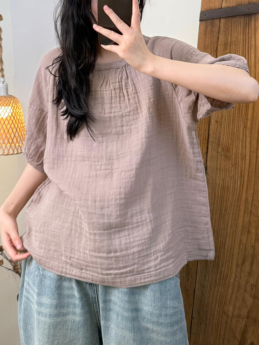 Women Summer Casual Pure Color Cotton O-Neck Shirt