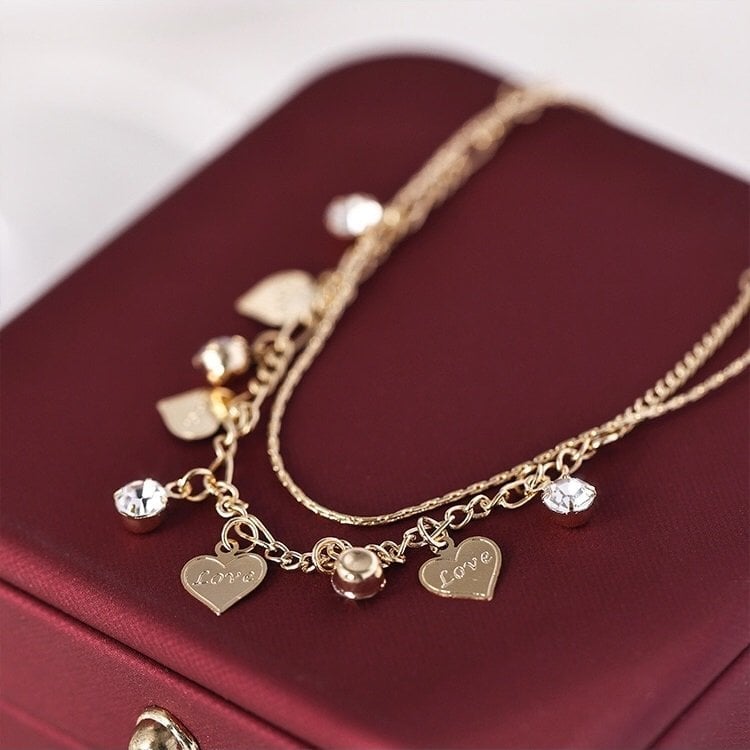 🌹Double Layer Rhinestones Heart Anklet