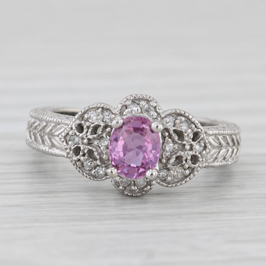 0.76ct Pink Sapphire Diamond Ring 10k White Gold Size 7 Wheat Etched Band