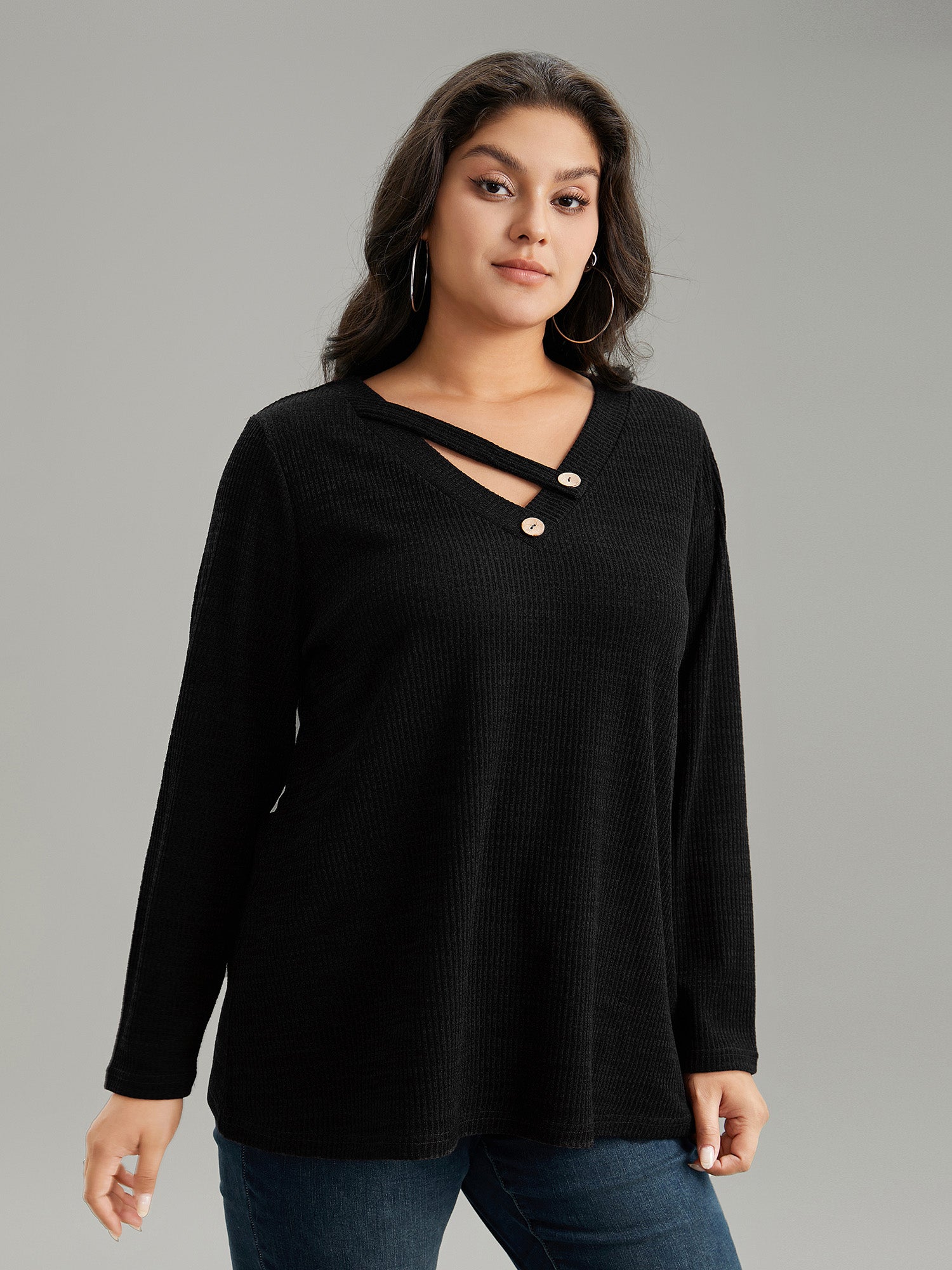Solid Rib Knit Button Detail T-shirt