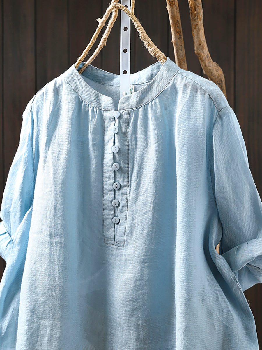 Women Summer Pure Color Stand Collar 100%Ramie Shirt