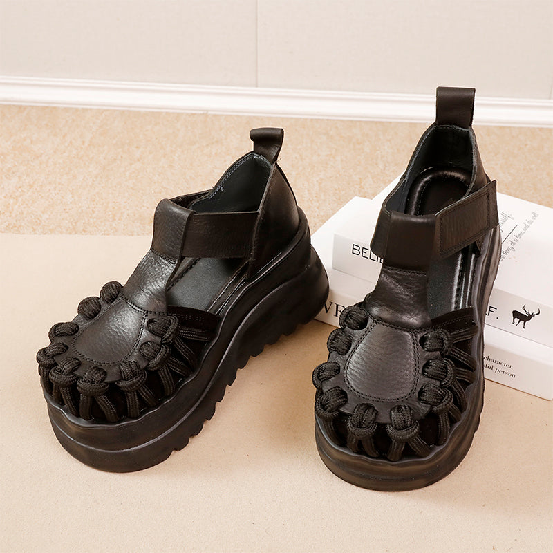 80mm Heel Fashion Chunky Platform T-Strap Cow Leather Sandals in Black/Brown