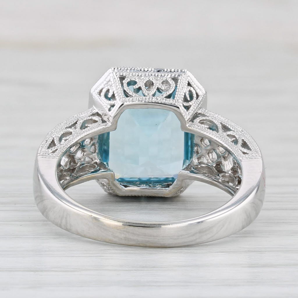 6.45ct Blue Topaz Solitaire Filigree Ring 14k White Gold Size 7