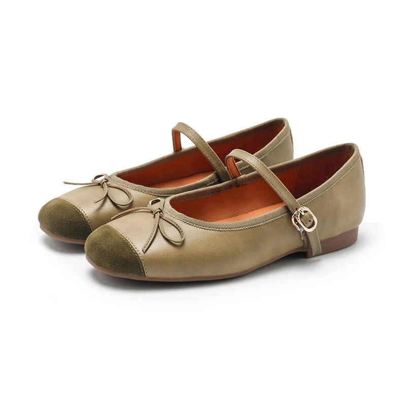 Handmade Sheepskin Women's Michaela Mary Jane Flats in Khaki/Green/Apricot/Black