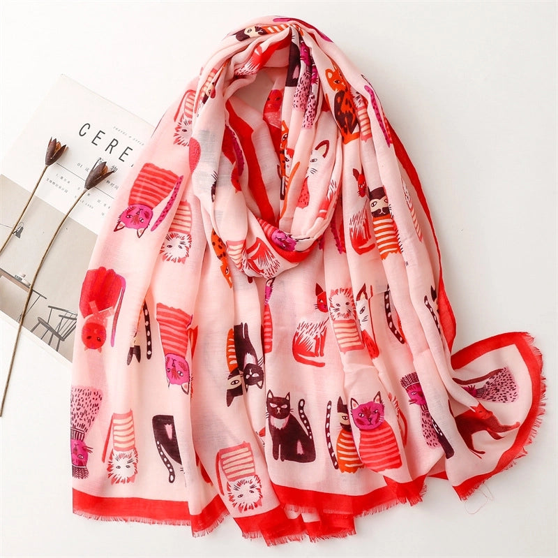 Broadcast Cute Kitten Paradise Printed Silk Scarf Satin Cotton Long Scarf Spring And Autumn Sunscreen Travel Scarf