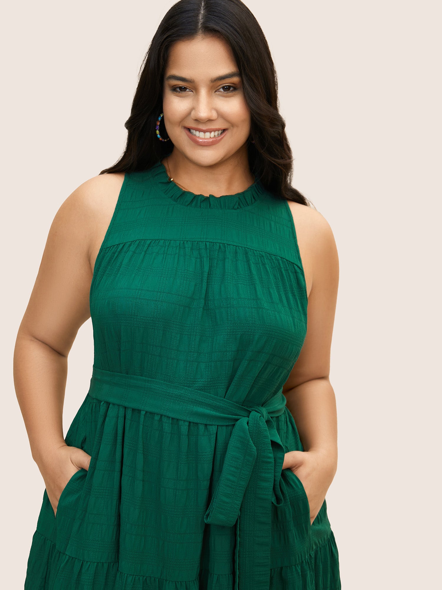 Plain Textured A-line Frill Trim Dress