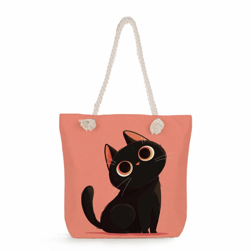 Women's Medium Linen Cat Cute Square Zipper Tote Bag Beach Bag