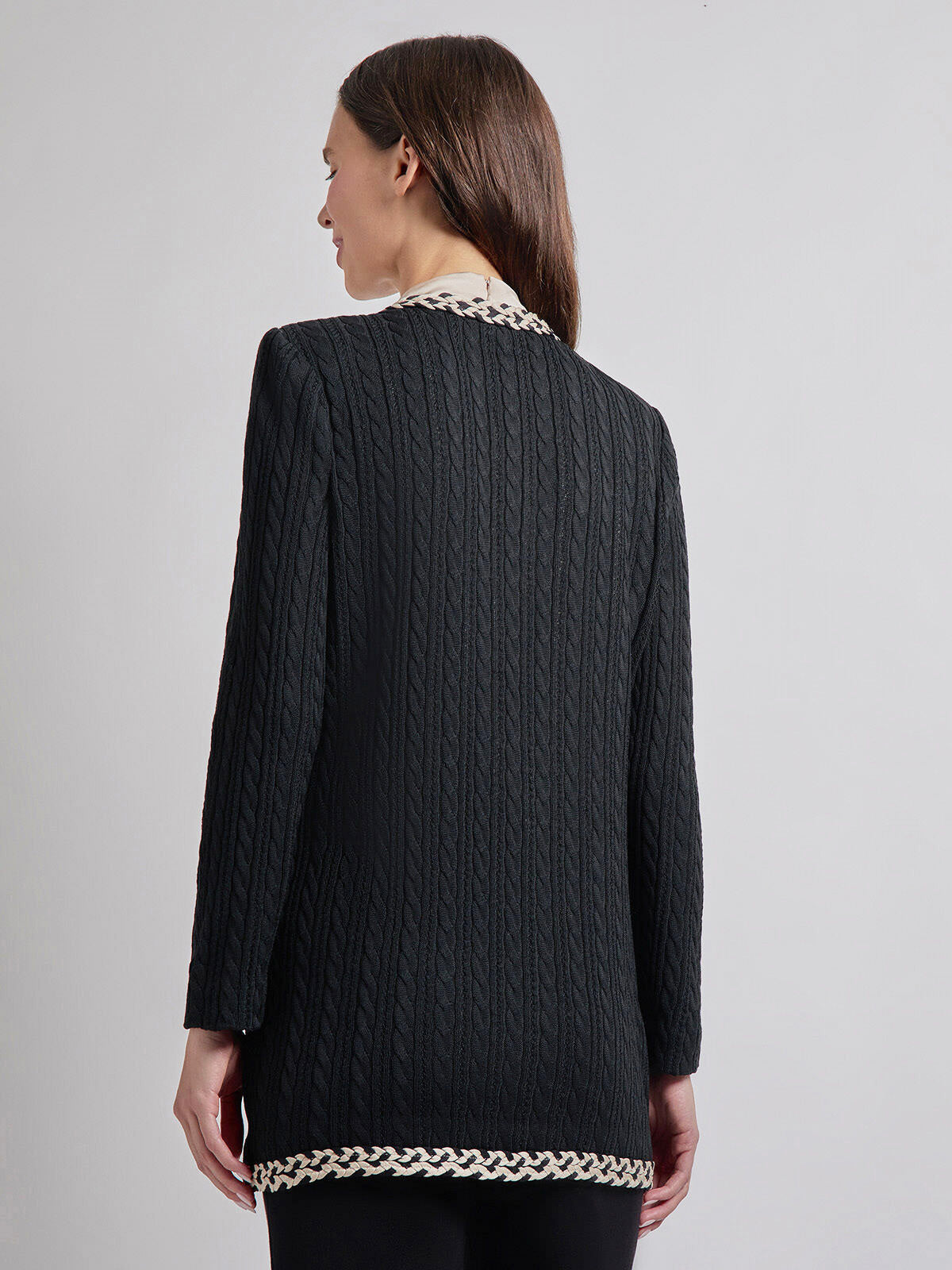 Jewel Neck Contrast Trim Cable Knit Jacket