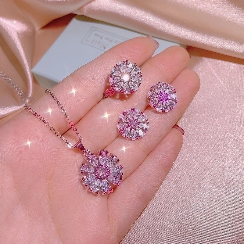 Titanium Steel Minimalist Inlay Flower Zircon Rings Earrings Necklace