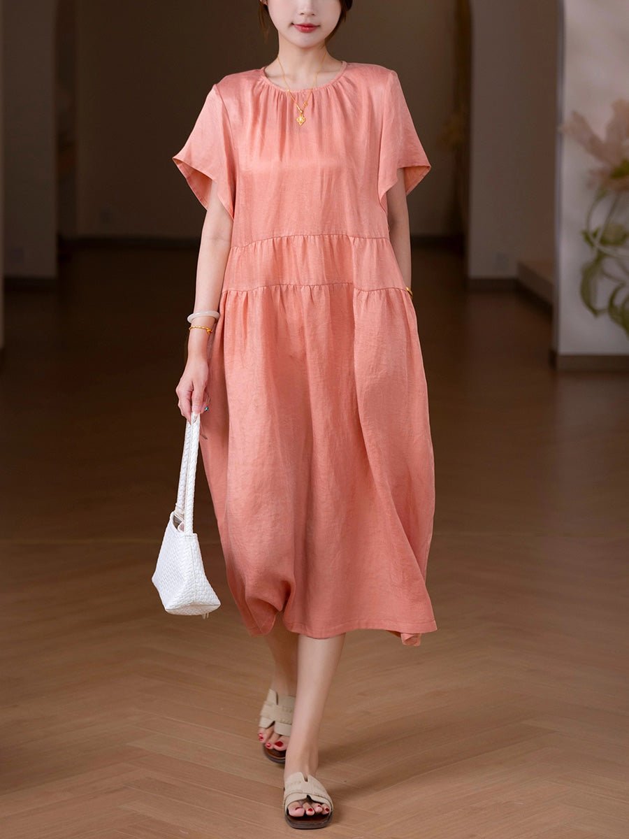 Women Summer Vintage Pure Color O-Neck Dress