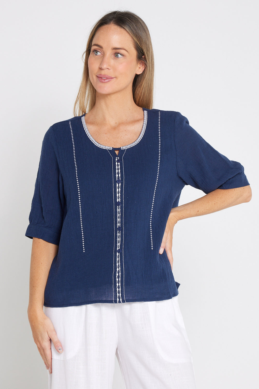 Meagan Linen Blouse - Navy