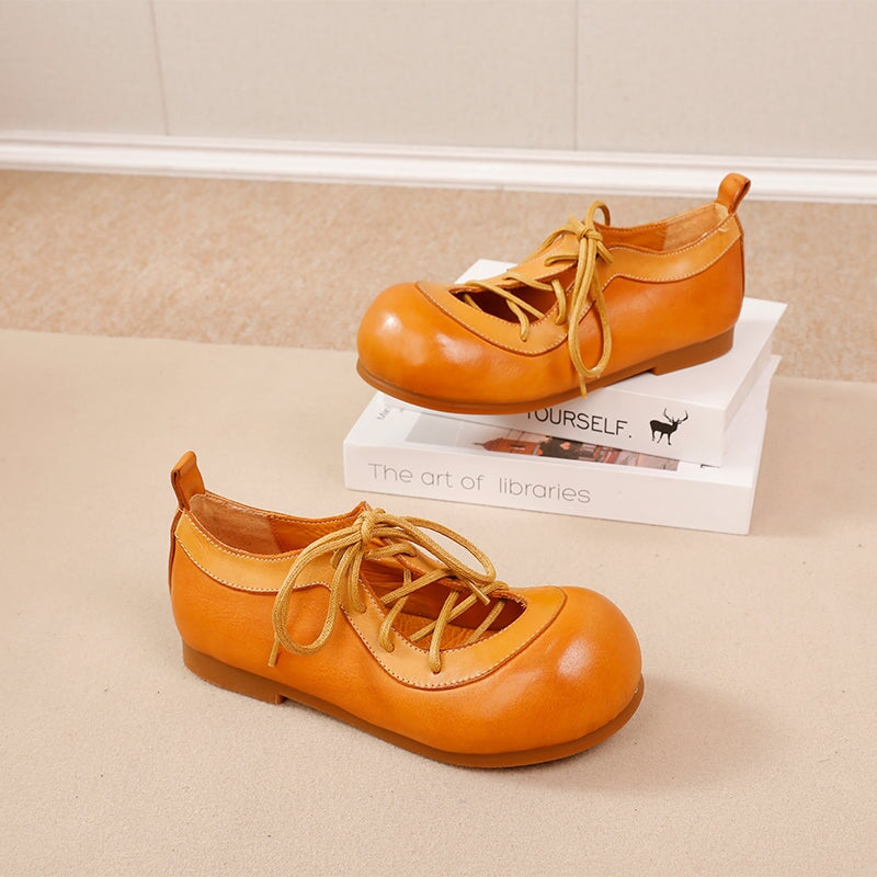 Vintage Big Toe Washed Cowhide Lace-Up Mary Jane Flats Shoes in Camel/Khaki