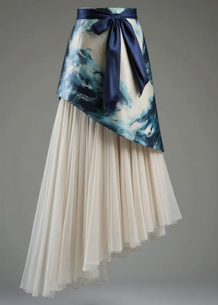 French Blue Asymmetrical Lace Up Tulle Patchwork Skirts Summer