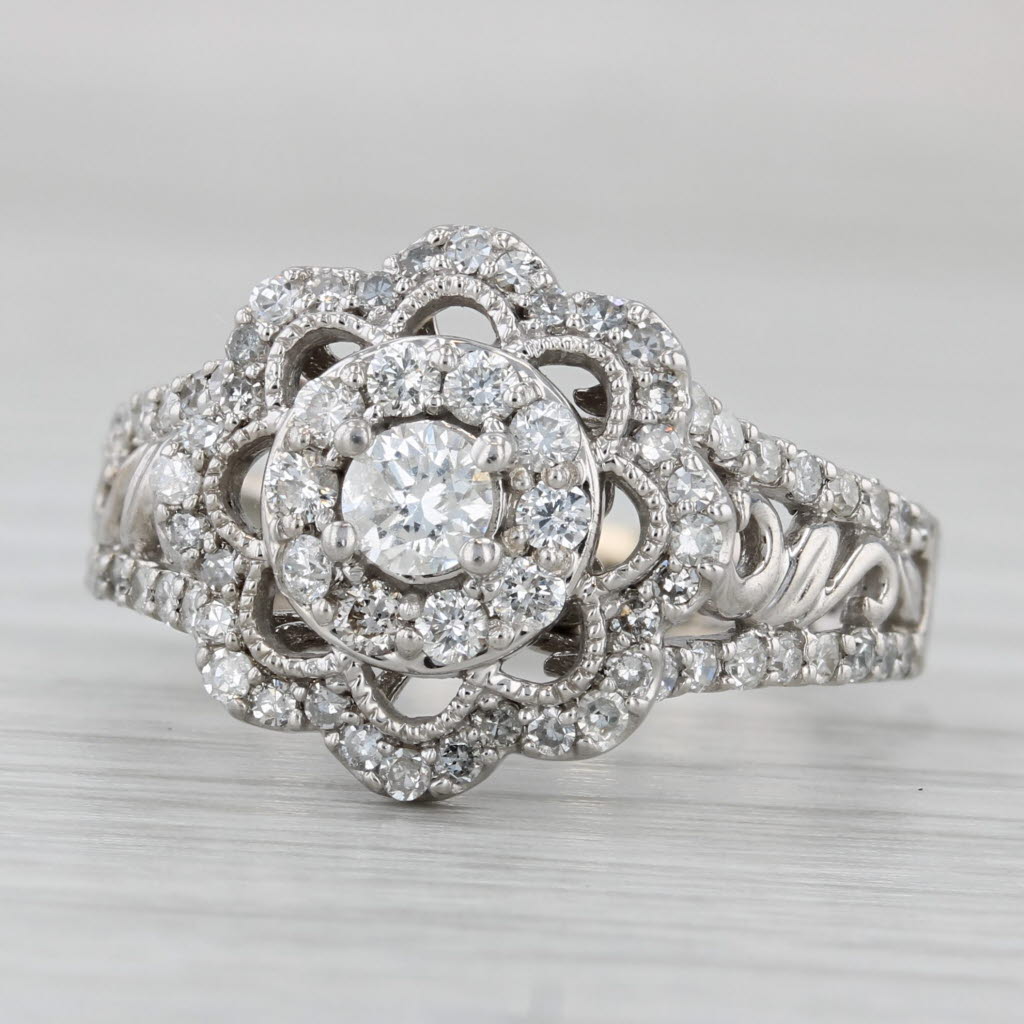 1.37ctw Diamond Flower Ring 14k White Gold Size 8.25 Engagement